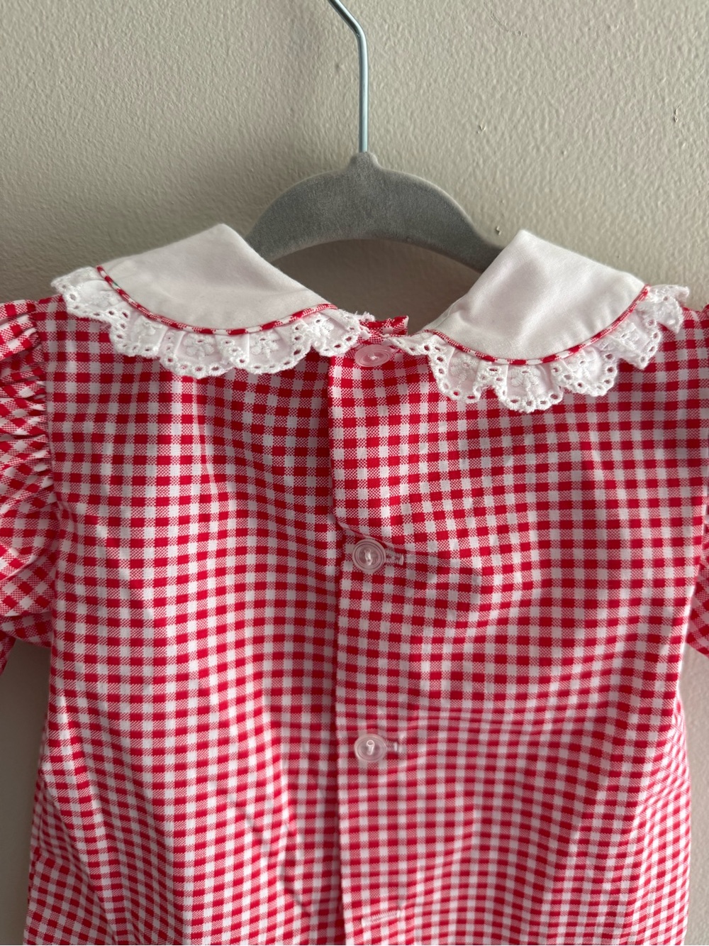 Vintage Paper Tag Strawberry Red White Gingham Shirt Puff Sleeve Lace Collar - Picture 5 of 5